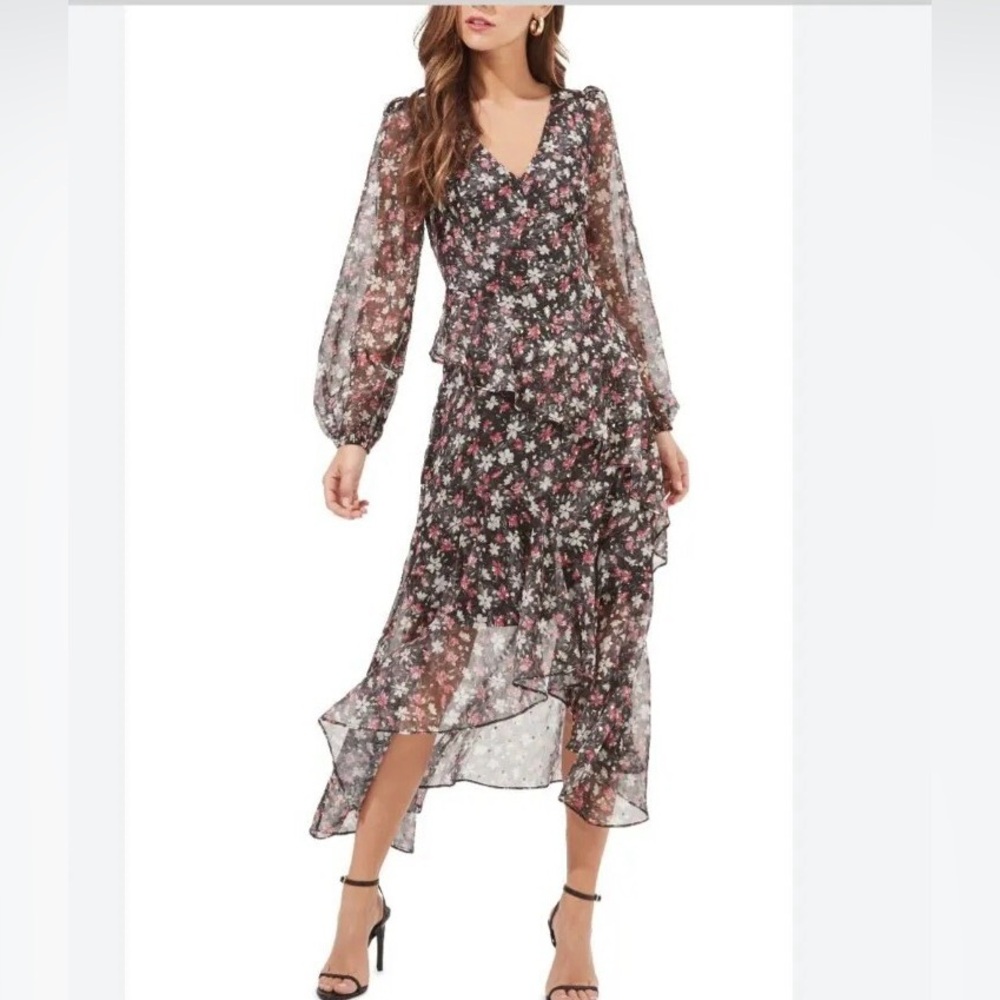 ASTR The Label XS Black Floral Gold Foil Ruffle Midi Dress Sheer Puff Sleeves